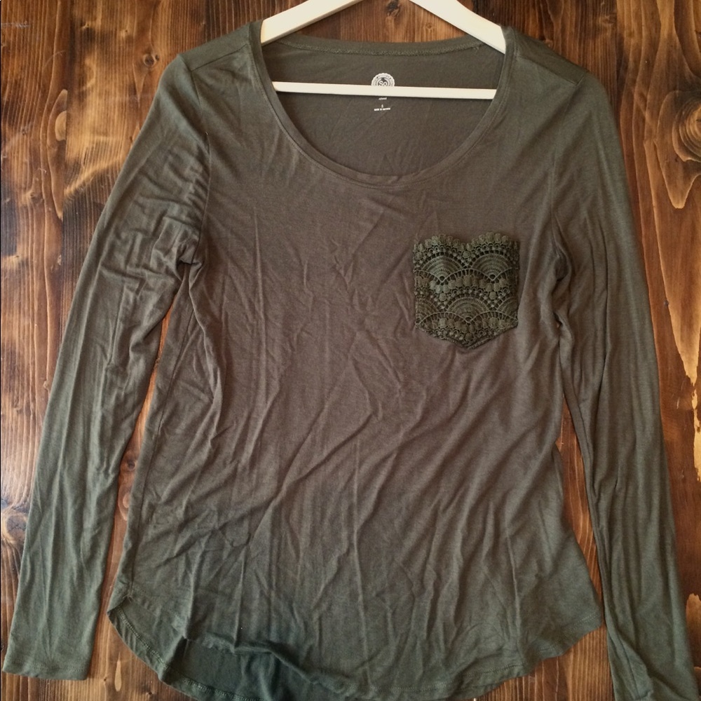 Army Green Long Sleeve Tee with Lace Pocket